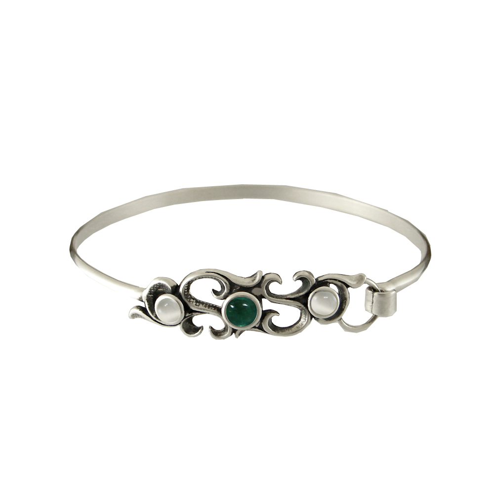 Sterling Silver Victorian Strap Latch Spring Hook Bangle Bracelet With Fluorite And White Moonstone